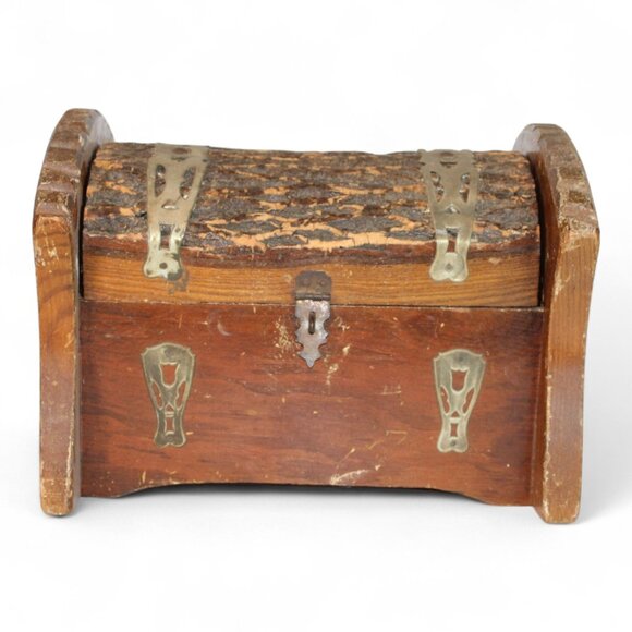 Vintage Rustic Wood & Metal Locking Trunk Jewelry Box With Bark Lid - Picture 1 of 7